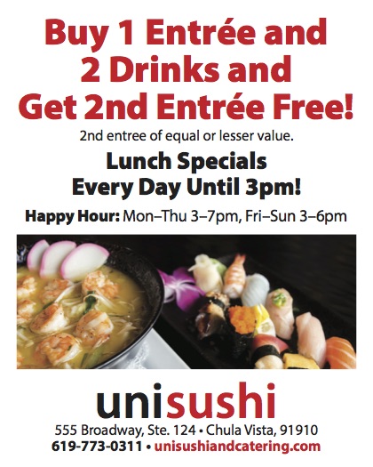 unisushi - buy one entrée and two drinks and get the second entrée free!